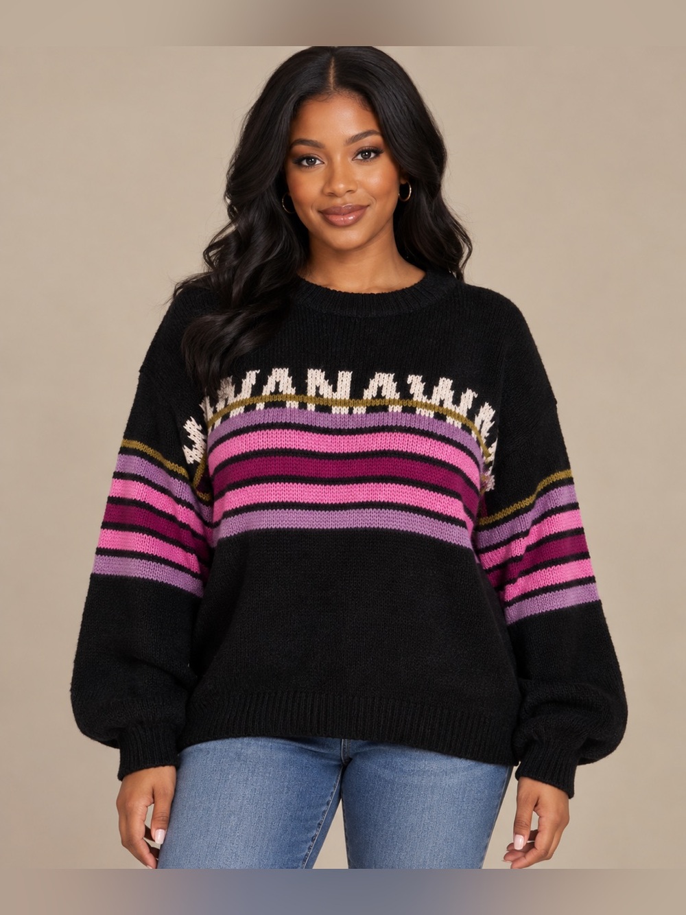 FARM Rio Black and Pink Striped Sweater